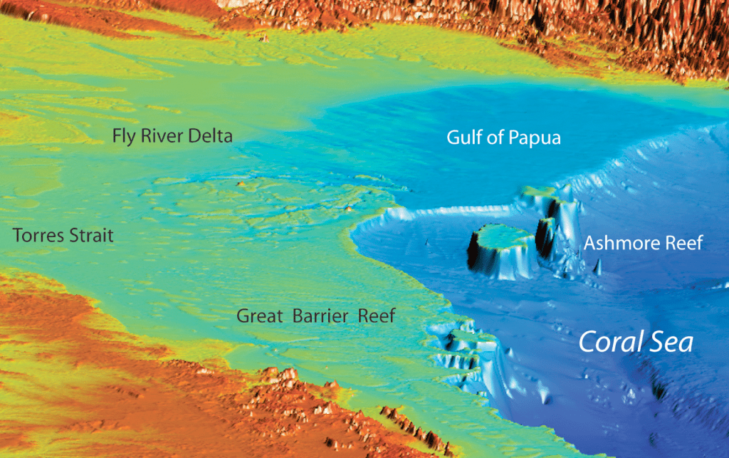 Three-dimensional colour bathymetry image showing an example of the northern Great Barrier Reef “rimmed” continental shelf.